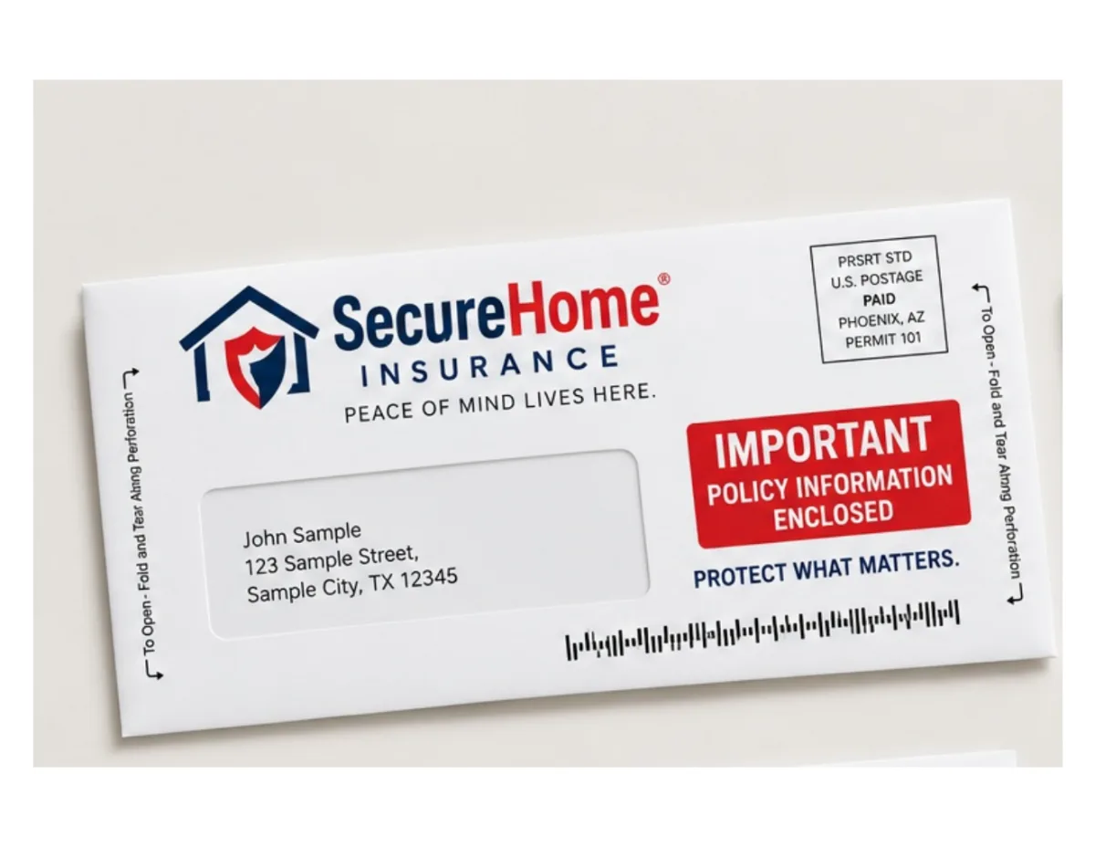 Insurance snap pack mailer design example