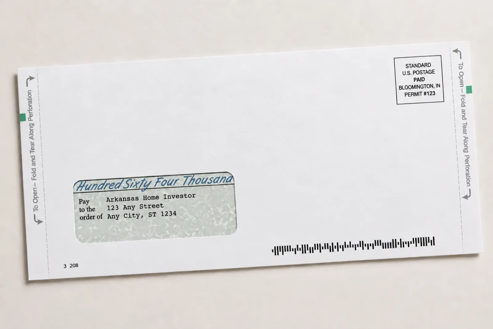 Snap pack check mailer printed sample