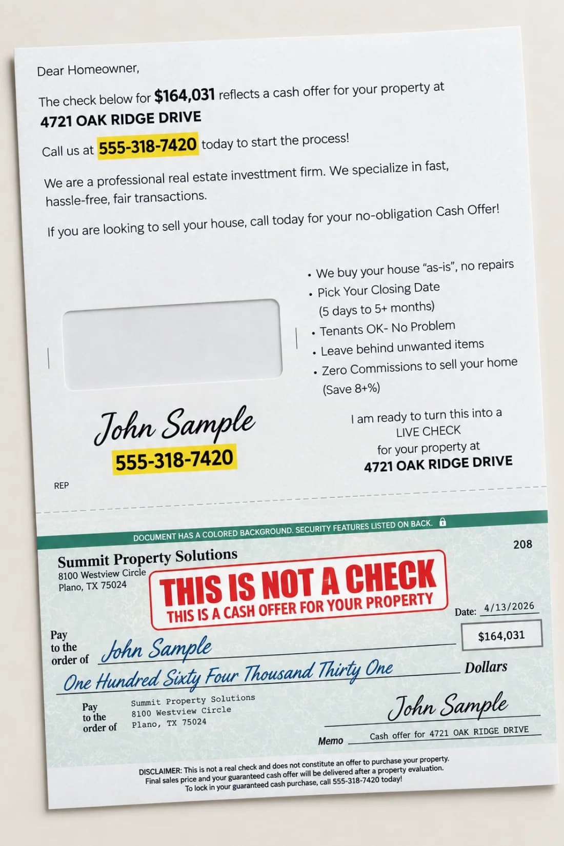 Opened snap pack check mailer revealing the personalized check and offer letter