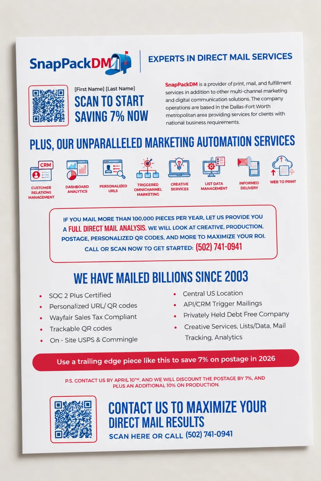 Opened snap pack mailer revealing the full interior message